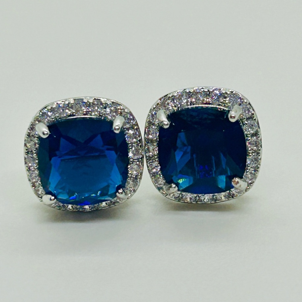 Blue Sapphire Silver Stud Earrings - Picture 2 of 5